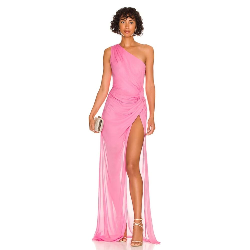 Sau Lee Chiffon One Shoulder Sleeveless Ruched Herlene Dress Pink US 2 $450